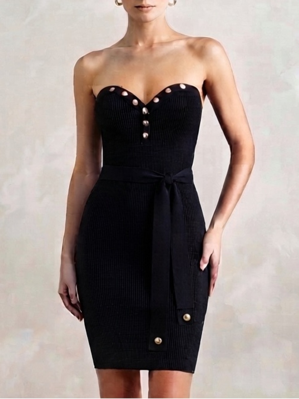 Strapless Black Ribbed Knit Sheath Dress with Waist Tie Size S Small